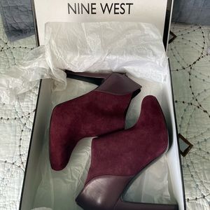 NINE WEST 'Brienne' High Heel Wine Suede Booties, Shooties 7.5M like-new in box